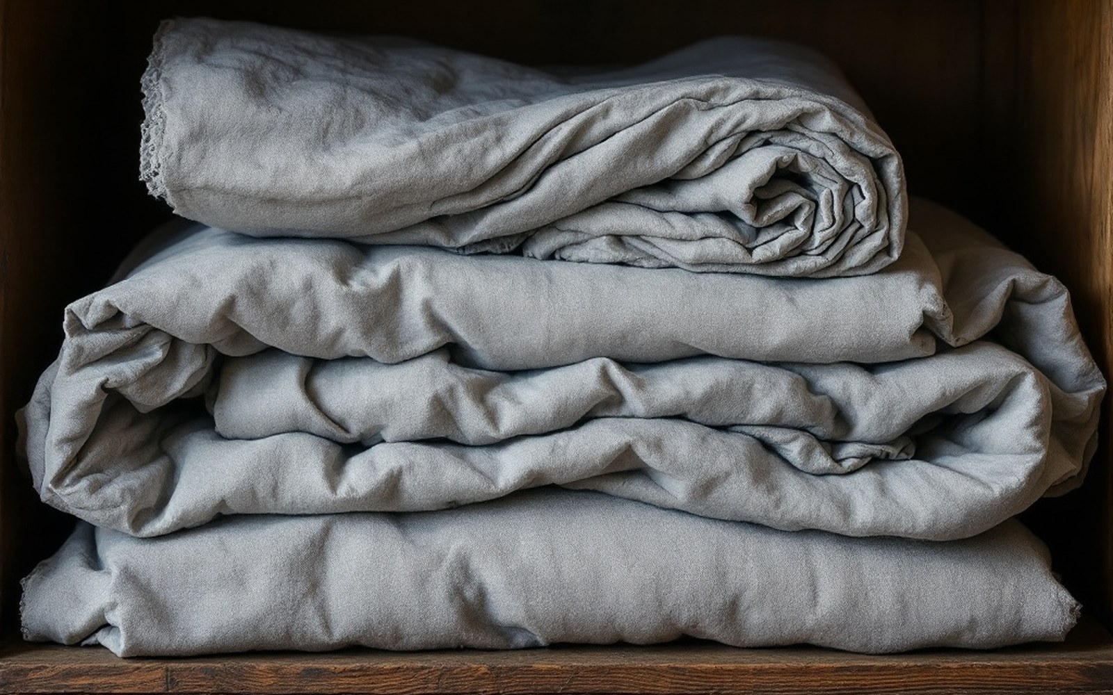 Folded grey working habit and linen on a shelf