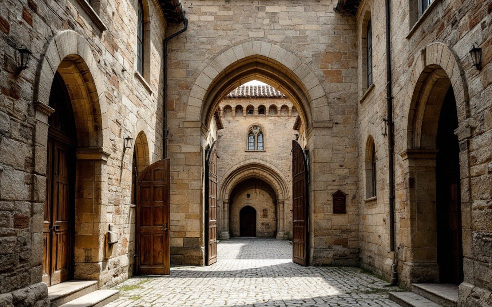 A stone convent courtyard with an open gate onto a street