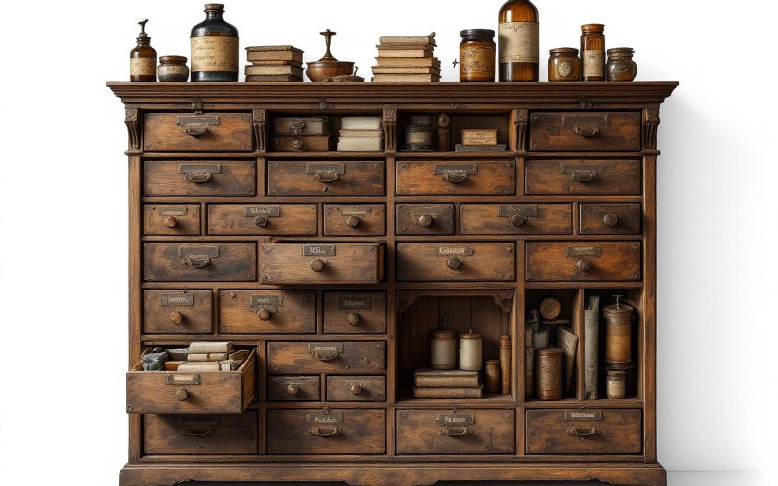 An apothecary cabinet with labelled drawers and a counter