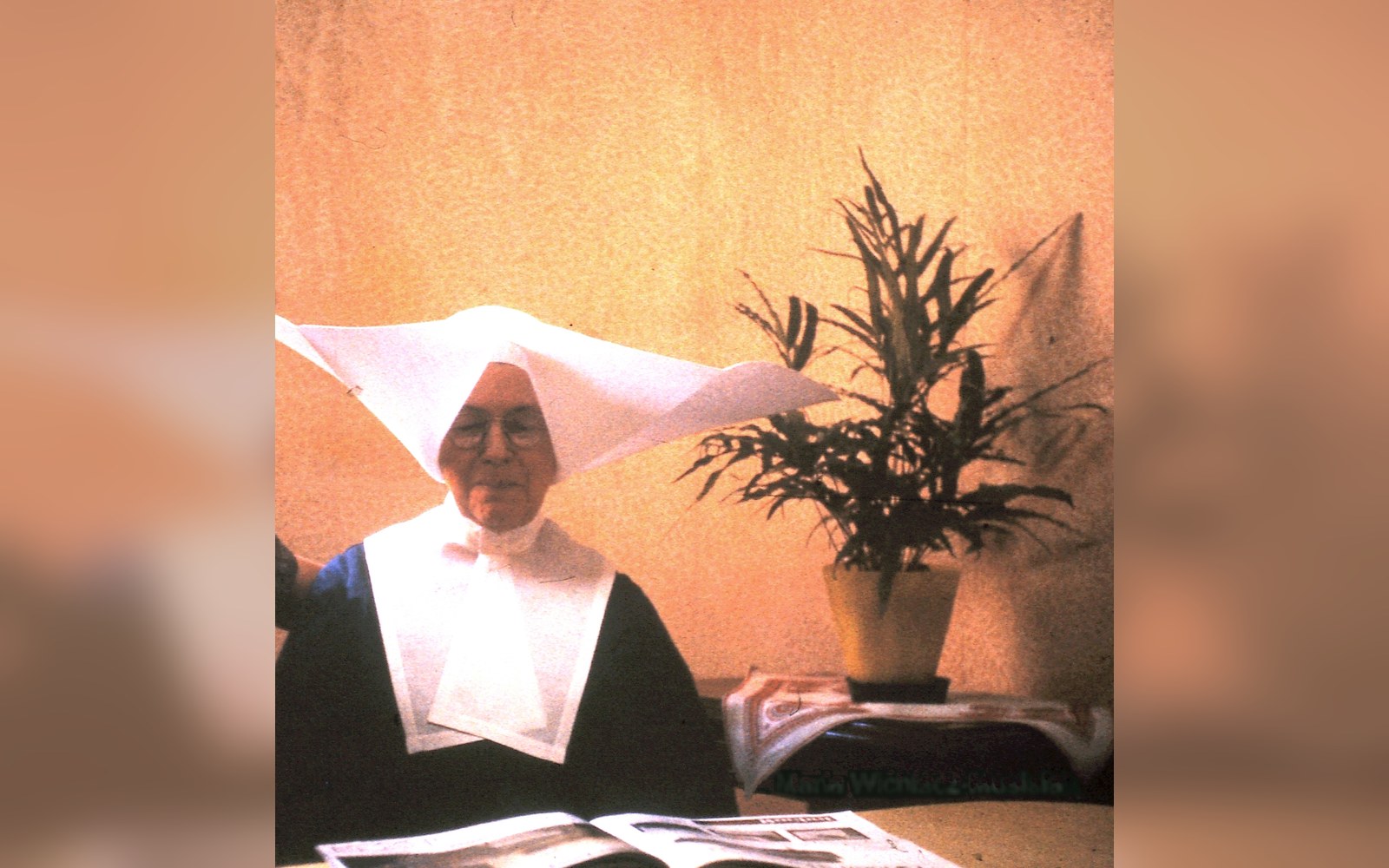 An elderly nun in a traditional habit with a wide winged headdress sits beside a potted plant