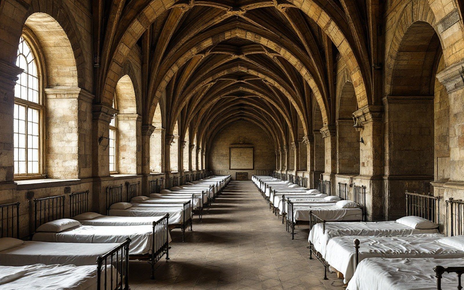 A vast vaulted hall with rows of beds, seen down its length
