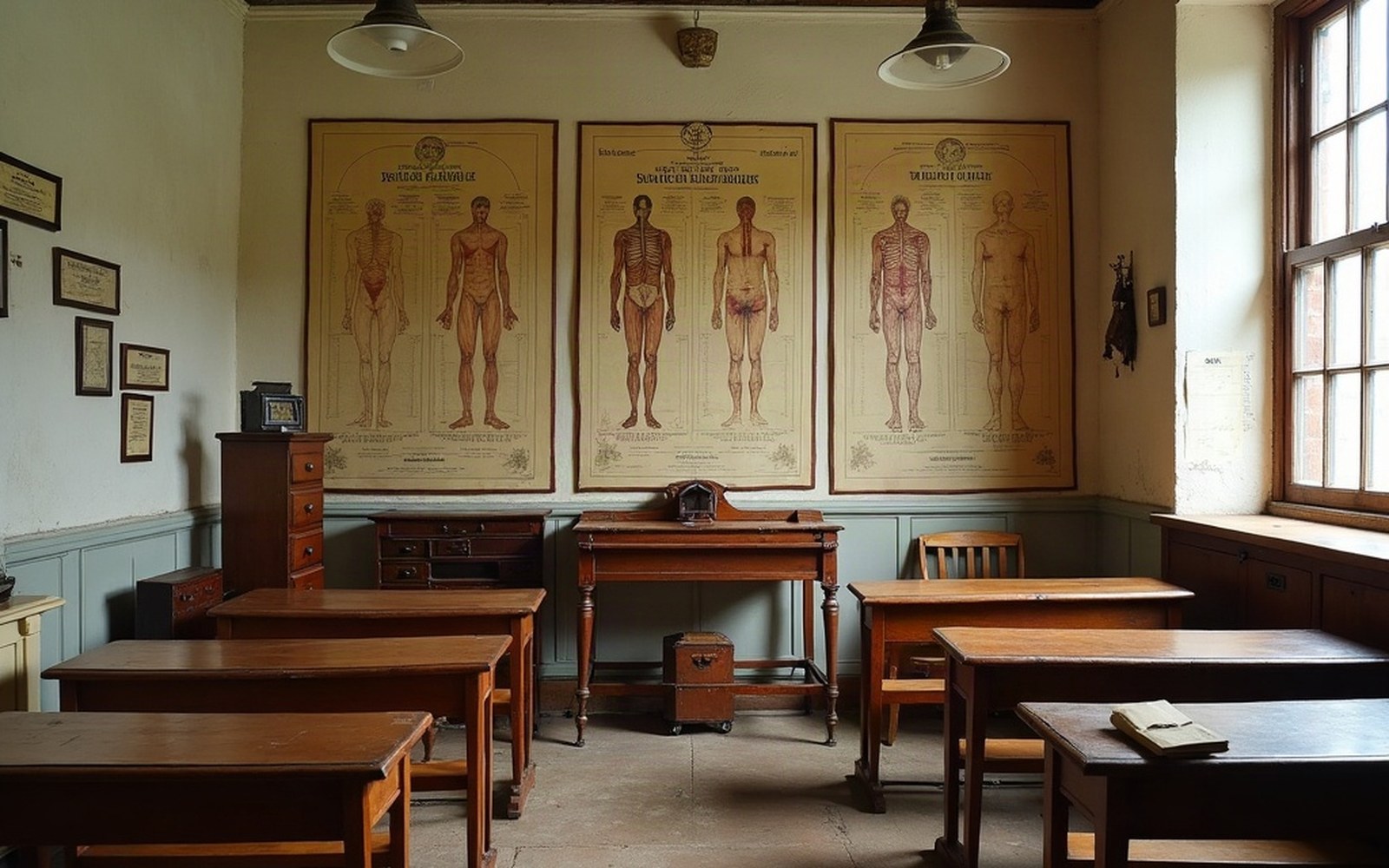 A classroom of wooden desks with anatomical charts on the wall