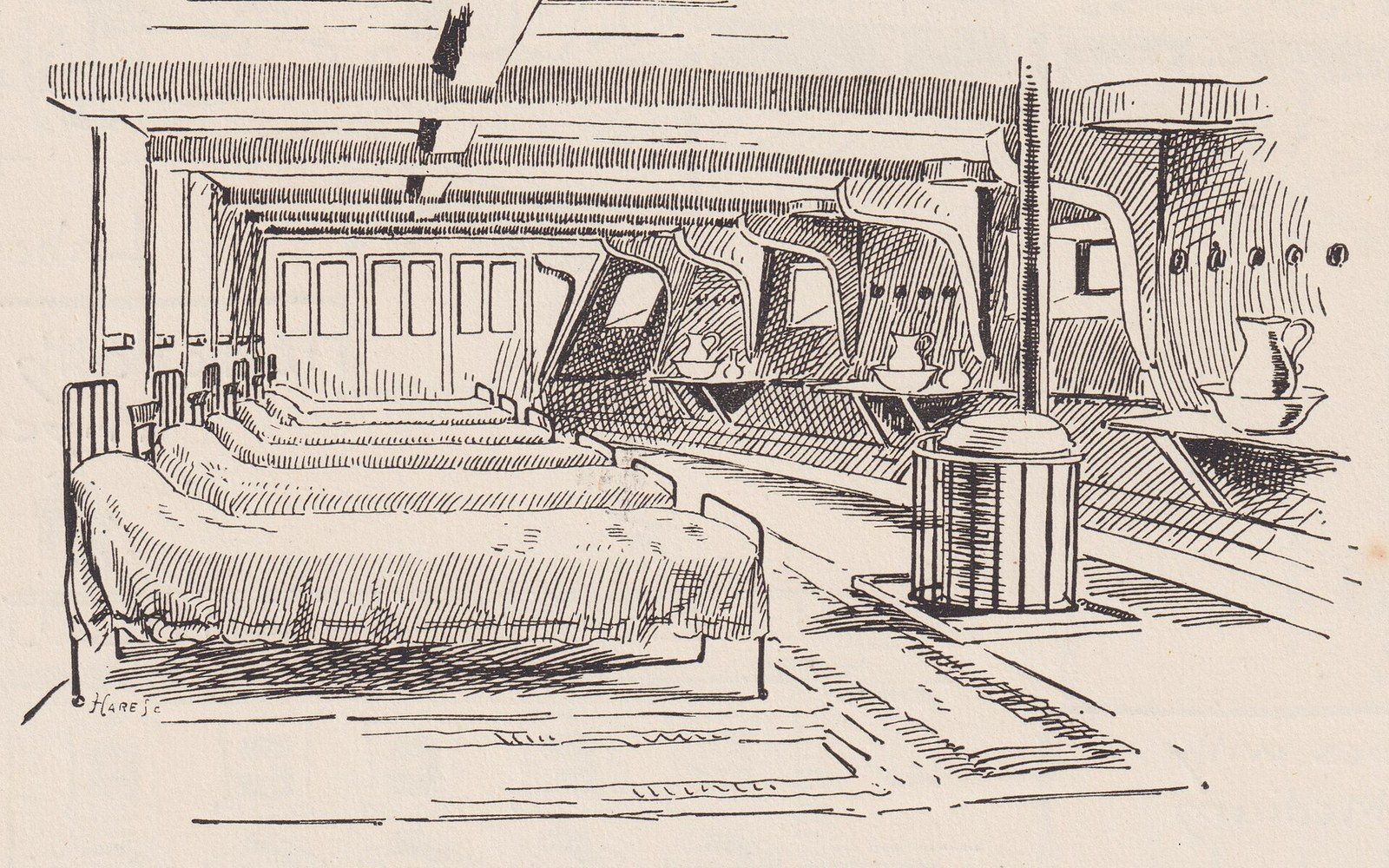 Line drawing of a hospital ward with rows of beds, washbasins and a central stove